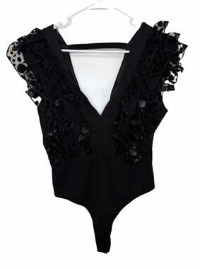 Haute Monde Black Ruffle Trim Deep V Bodysuit